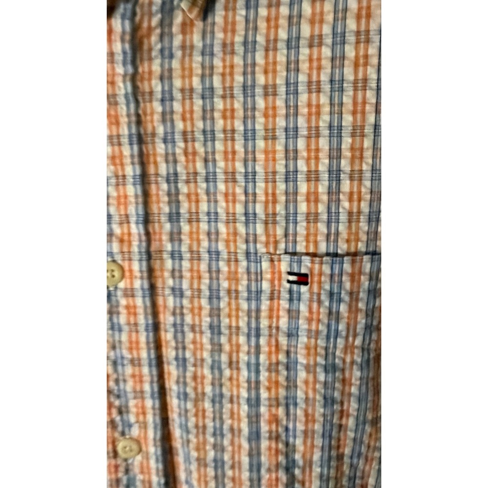 Tommy Hilfiger Men XL Short Sleeve Seersucker Plaid Button Down Shirt Orange Blu - Picture 2 of 5